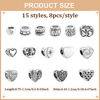 120Pcs 15 Styles Tibetan Style Alloy European Beads MPDL-ME0001-01-1