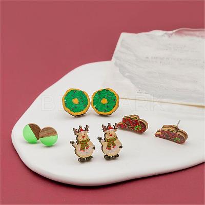 4 Pairs Snowman & Christmas Hat & Wreath Printed Wood Stud Earrings EJEW-OY001-06-1