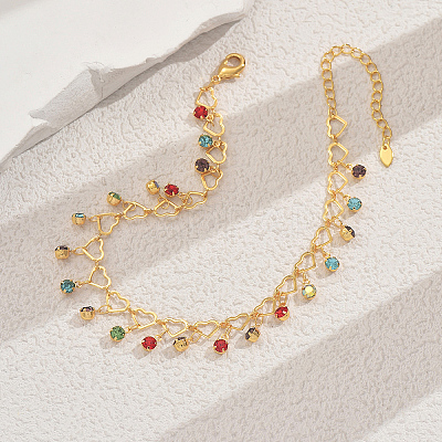 Summer Fashion Brass Heart Link Fringed Colorful Rhinestone Anklets for Women Beach Parties BX8171-1