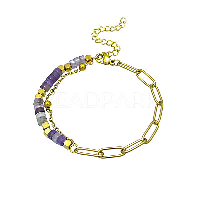 Bohemian Natural Amethyst Heishi Beads Bracelets with 304 Stainless Steel Paperclip Chains WGD41F4-02-1