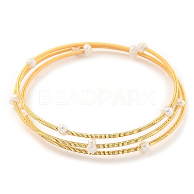 Three-Loops Brass & Natural Freshwater Pearl Beaded Wrap Bracelets for Women BJEW-F470-01G-1