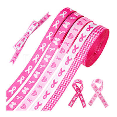 5Rolls 5 Styles Polyester Wave/Breast Cancer Awareness Ribbon Printed Ribbon OCOR-PH0004-22-1