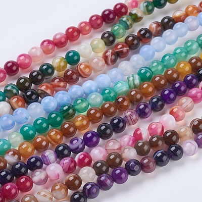 Round Dyed Natural Striped Agate/Banded Agate Beads Strands G-G582-6mm-M-1