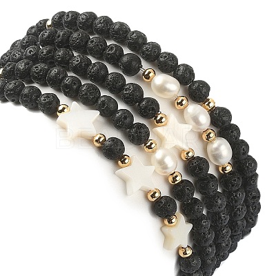 5Pcs 5 Style Natural Lava Rock & Pearl & Shell Star Beaded Stretch Bracelets Set BJEW-JB09495-03-1