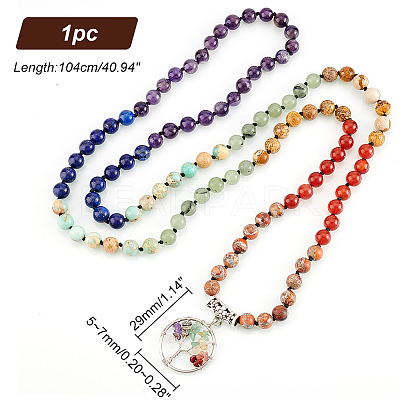 Natural Mixed Stone Tree of Life Pendant Necklace with Round Beaded Chains NJEW-AB00015-01-1