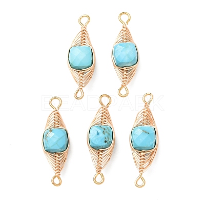 Natural Turquoise Faceted Cube Links Connector Charms with Copper Herringbone Wire-Wrapped KK-Z152-06G-02B-1