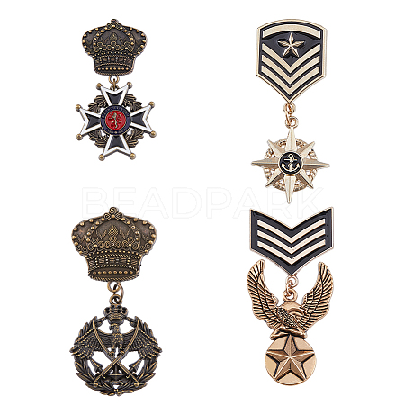 SUPERFINDINGS 4Pcs 4 Style Eagle & Star & Crown & Cross Dangle Charms Zinc Alloy Badges JEWB-FH0001-15-1