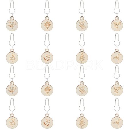 8Pcs 8 Style Flat Round with Flower Wood Charms Locking Stitch Marker HJEW-WH0042-32-1