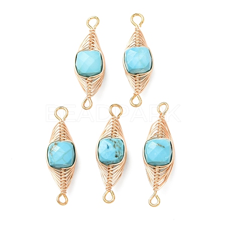 Natural Turquoise Faceted Cube Links Connector Charms with Copper Herringbone Wire-Wrapped KK-Z152-06G-02B-1