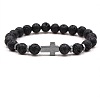 8MM Round Natural Lava Rock Beaded Stretch Bracelets with Synthetic Non-magnetic Hematite Cross FA1012-15-1