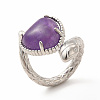 Natural Amethyst Heart with Snake Open Cuff Ring RJEW-P082-02P-14-3