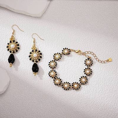 Shell Pearl & Glass Seed Braided Flat Round Dangle Earring and Beaded Bracelets Sets SJEW-SW00007-1