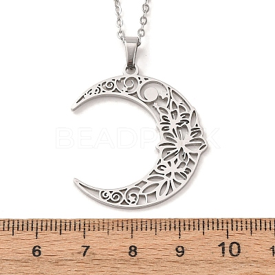 304 Stainless Steel Hollow Flower Moon Pendant Cable Chain Necklaces for Men Women NJEW-K308-01A-P-1