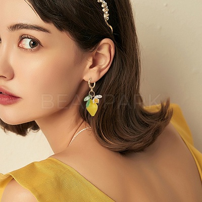 Lemon Resin with Leaf & Imitation Pearl Flower Dangle Leverback Earrings EJEW-TA00192-1