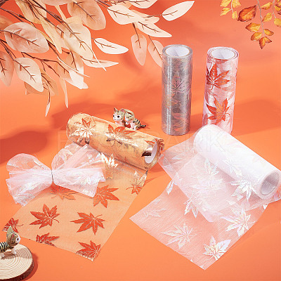 Autumn Theme Maple Leaf Pattern Organza Ribbon OCOR-WH0057-11A-1