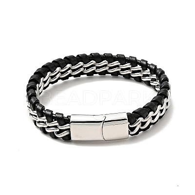 Leather & 304 Stainless Steel Braided Curb Chains Cord Bracelet with Magnetic Clasp for Men Women BJEW-C021-19-1