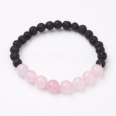 Natural Rose Quartz & Lava Rock Beaded Stretch Bracelets BJEW-JB02703-01-1