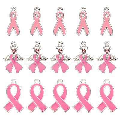 30Pcs 3 Style October Breast Cancer Pink Awareness Ribbon Alloy Enamel Pendants ENAM-SC0003-32-1