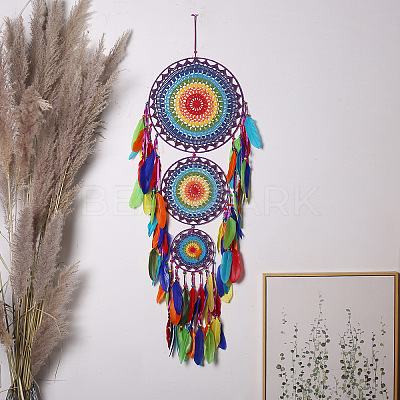 Indian Style Iron Woven Web/Net with Feather Pendant Decorations PW-WG84324-01-1