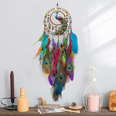 Peacock Acrylic & Woven Net/Web with Feather Hanging Ornaments HJEW-A013-01-1
