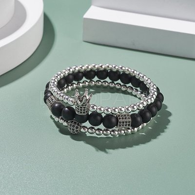 3Pcs 3 Style Round Synthetic Black Stone & Hematite Beaded Stretch Bracelets Set BJEW-JB07688-03-1