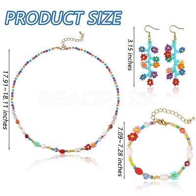 Natural Pearl & Glass Seed Beaded Necklace & Bracelet & Dangle Earrings SJEW-SW00008-1
