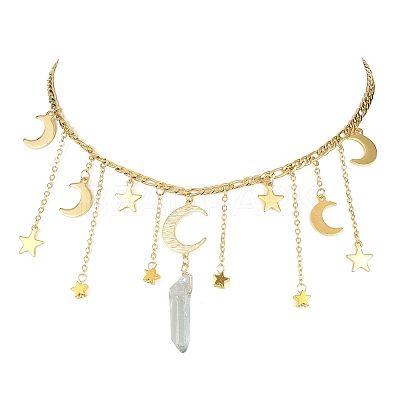 Moon & Star 304 Stainless Steel & Natural Quartz Crystal Charms Bib Necklace NJEW-TA00094-1