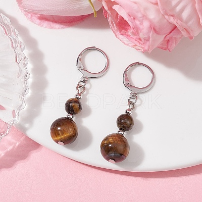 Round Natural Tiger Eye Dangle Earrings EJEW-JE05536-04-1