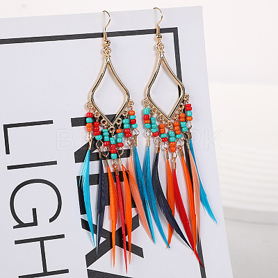 Bohemian Style Alloy Glass Seed Beaded Feather with Rhombus Chandelier Earrings FS-WG1E384-05-1