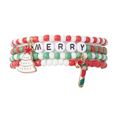 4Pcs 4 Styles Christmas 4mm Round Glass Seed Beaded Stretch Bracelet Sets BJEW-TA00500-1