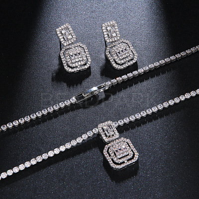 Square Brass Micro Pave Clear Cubic Zirconia Pendant Necklaces & Stud Dangle Earrings Sets FS-WG98D1F-01-1
