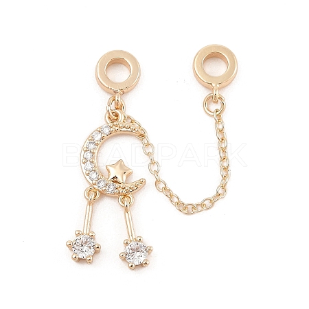Rack Plating Moon & Star Brass Clear Cubic Zirconia European Safety Chains KK-F879-24G-1