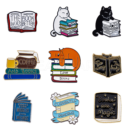 HOBBIESAY 9Pcs 9 Style Cat & Book & Word Enamel Pins JEWB-HY0001-15-1