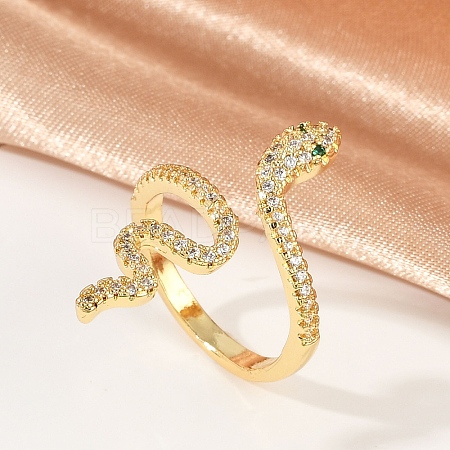 Snake Brass Micro Pave Clear Cubic Zirconia Open Cuff Rings for Women RJEW-G343-28G-1