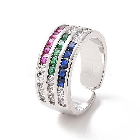 Colorful Cubic Zirconia Triple Line Open Cuff Ring RJEW-G270-04P-1