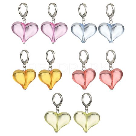 5 Pair 5 Color Acrylic Heart Dangle Leverback Earrings EJEW-TA00254-1