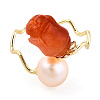 Natural Pearl with Jade Flower Open Cuff Ring RJEW-T026-02G-4