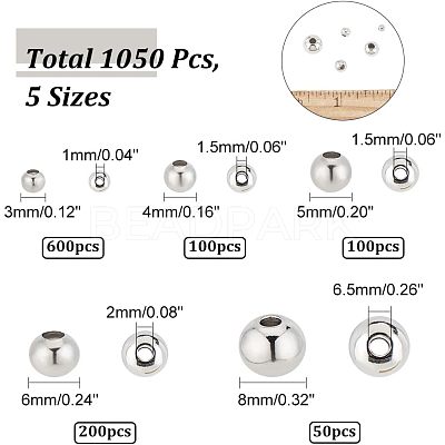 1050Pcs 5 Styles Round 304 & 316 Surgical Stainless Steel Spacer Beads STAS-NB0001-52-1