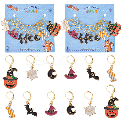 Halloween Theme Alloy Enamel Spider Web/Bat/Wicth Hat Charm Locking Stitch Markers HJEW-PH01708-1