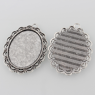 Tibetan Style Antique Silver Alloy Flat Oval Pendant Cabochon Settings TIBEP-M022-58AS-1