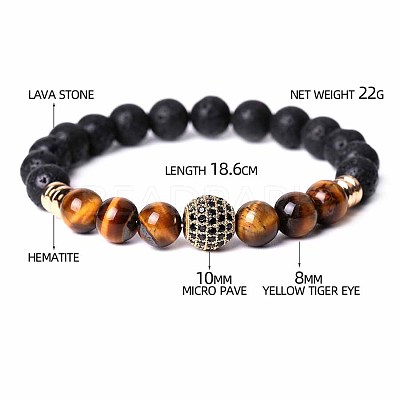 Natural Tiger Eye & Lava Rock & Cubic Zirconia Round Beads Stretch Bracelets for Men Women Round Beads Stretch Bracelets for Men Women FF8165-2-1