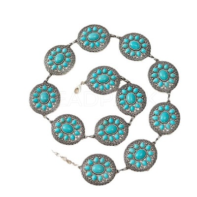 Bohemian Brass Pave Synthetic Turquoise Flat Round with Flower Link Alloy Chain Belts for Women FS-WG72103-01-1