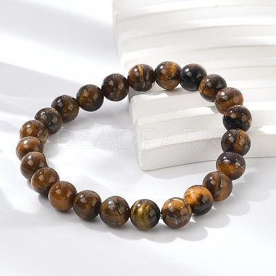 Natural Tiger Eye Round Beaded Stretch Bracelets BJEW-F203-04-1
