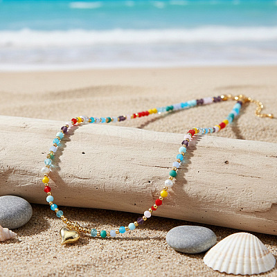 Beach Colorful Glass Beaded Alloy Heart Pendant Necklaces for Women LS-NM2683-1