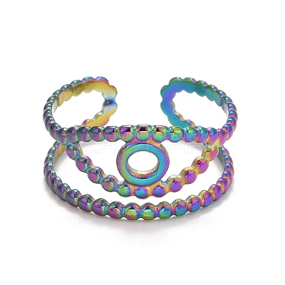 Rainbow Color Ion Plating(IP) 304 Stainless Steel Evil Eye Open Cuff Ring for Women RJEW-A005-29MC-1