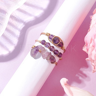 3Pcs Natural  Amethyst Bead Finger Ring RJEW-JR00855-02-1