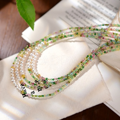 2MM Faceted Round Natural Green Tourmaline & Glass Pearl Beaded Necklaces for Women YX9478-1