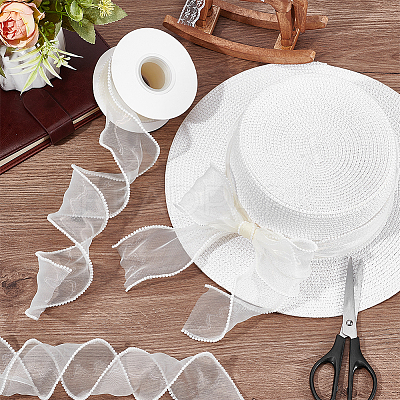 5 Yards Organza Plastic Ribbon with Plastic Pearl Edged OCOR-WH0101-185F-1