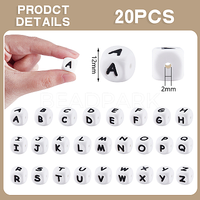 20Pcs White Cube Letter Silicone Beads 12x12x12mm Square Dice Alphabet Beads with 2mm Hole Spacer Loose Letter Beads for Bracelet Necklace Jewelry Making JX432Y-1