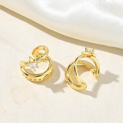 C-Shaped with Star Brass Micro Pave Clear Cubic Zirconia Cuff Earrings EJEW-L316-01G-12-1